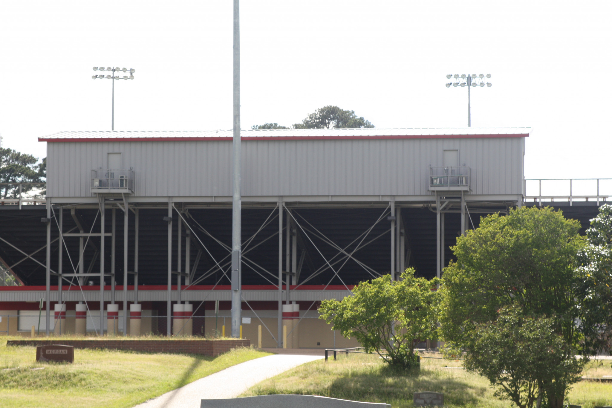 The stadium's new press box and light pole as they stand now.